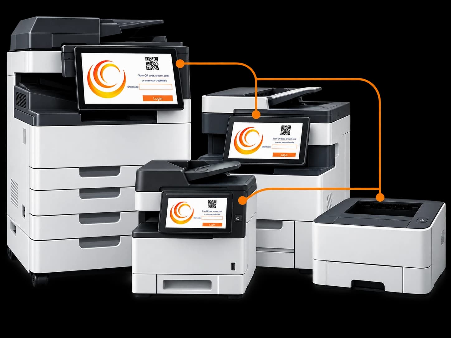 A mixed fleet of large and small multifunction printers and a desktop printer, with PriApps sign-in on the supported devices, connected as one environment.