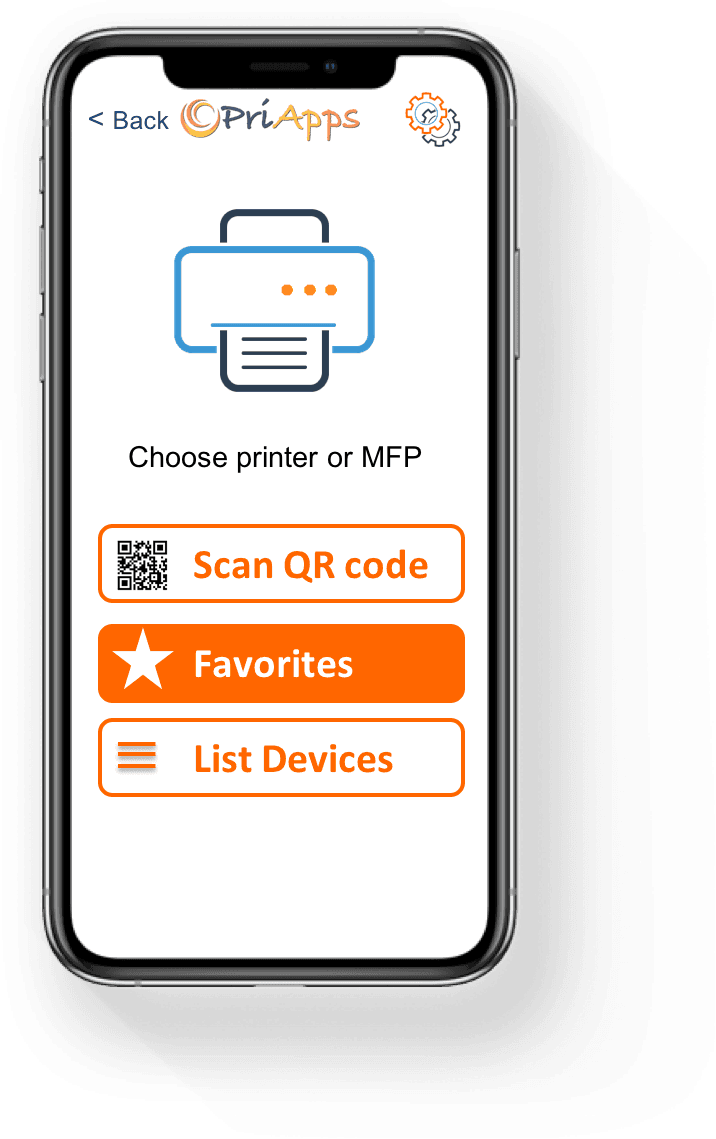 PriApps Touch-Free app screen "Choose printer or MFP", with Scan QR code, Favorites and List Devices options.