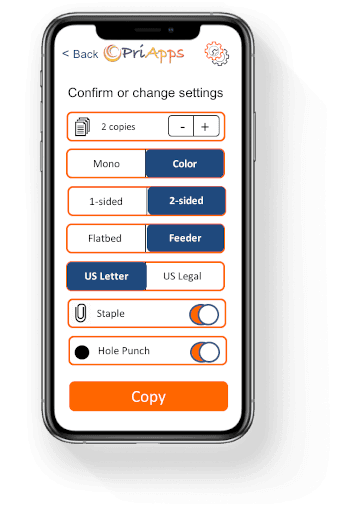 PriApps Touch-Free copy settings screen "Confirm or change settings": copies, color, sides, paper source, paper size, staple and hole punch, with a Copy button.