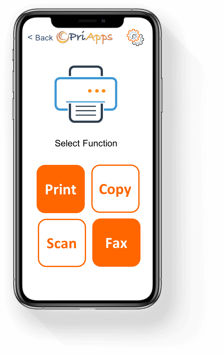 The PriApps Touch-Free app on a smartphone, showing the Select Function screen with Print, Copy, Scan and Fax buttons.