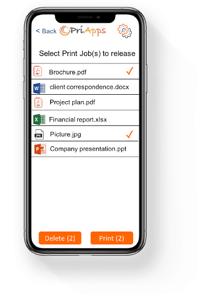 PriApps Touch-Free myQueue screen "Select Print Job(s) to release", listing held documents with Delete and Print buttons.