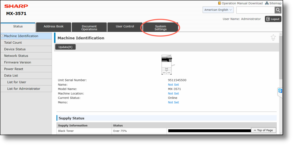 Sharp OSA 5.5 — MFP web interface login