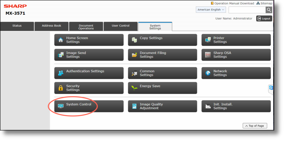 Sharp OSA 5.5 — System Settings tab