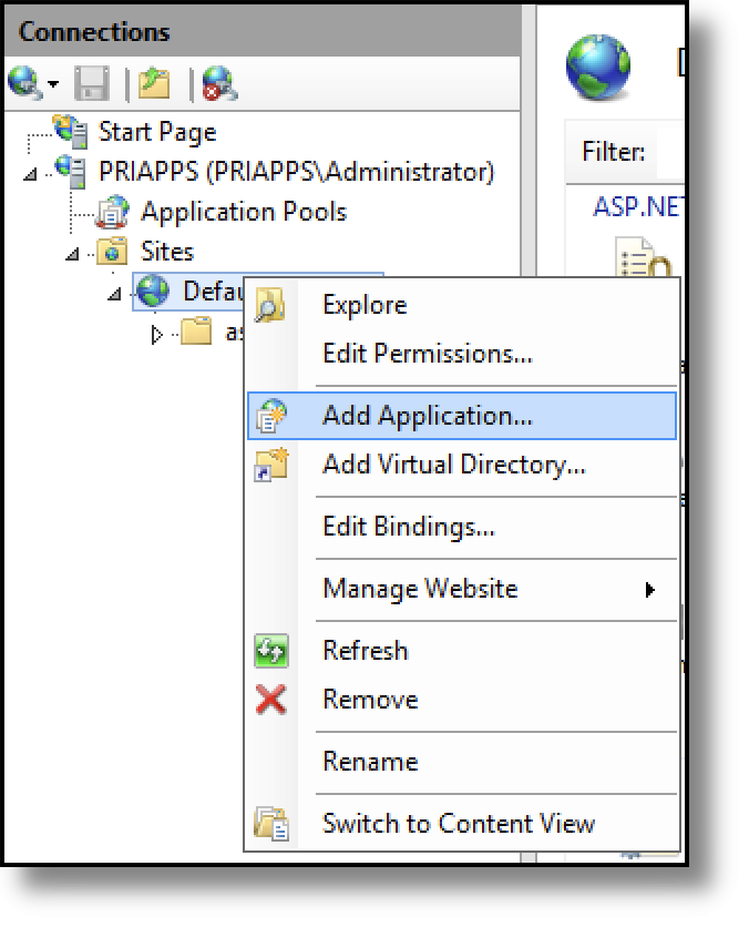 IIS — Add Application dialog with KMEAS_WEB alias