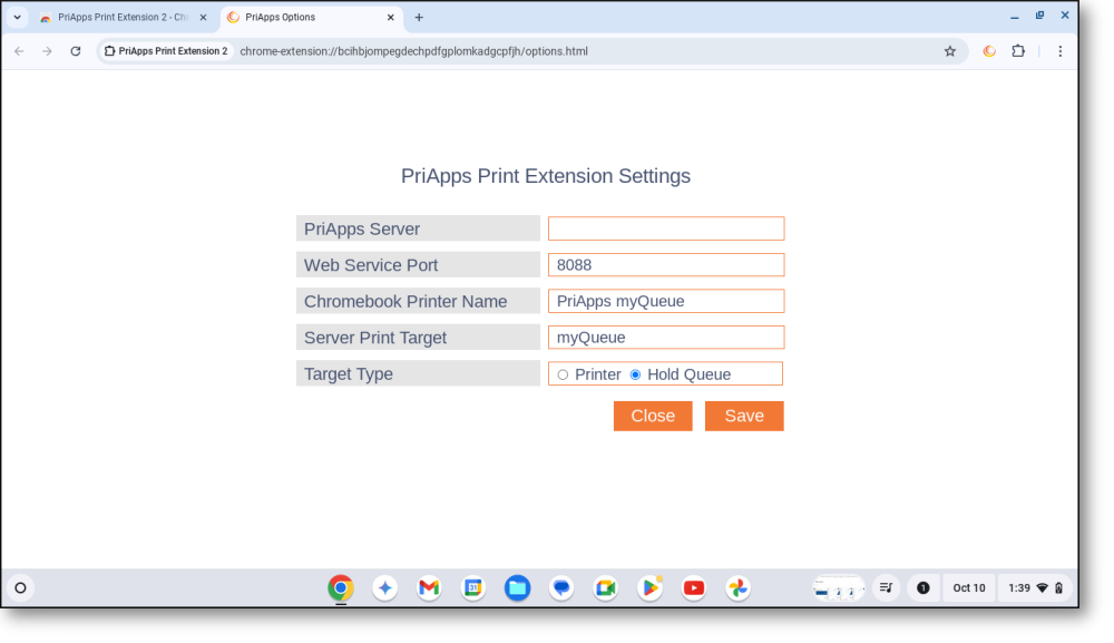 Chromebook — configure extension options