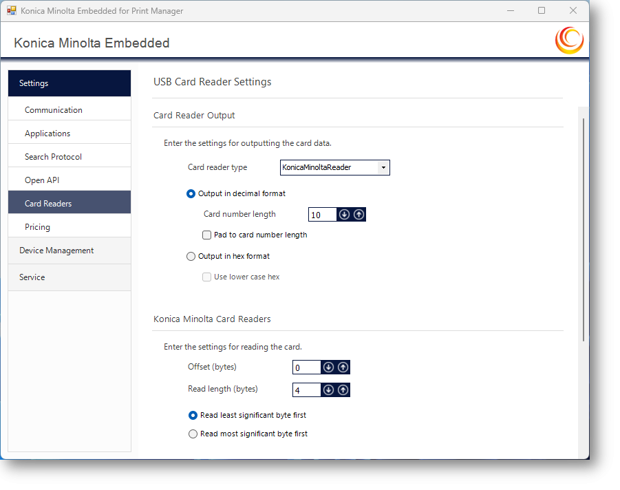 Card Reader settings