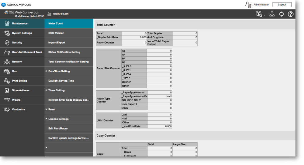 ineo MFP configuration screen