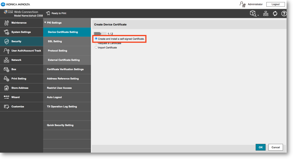 ineo MFP SSL certificate step 1