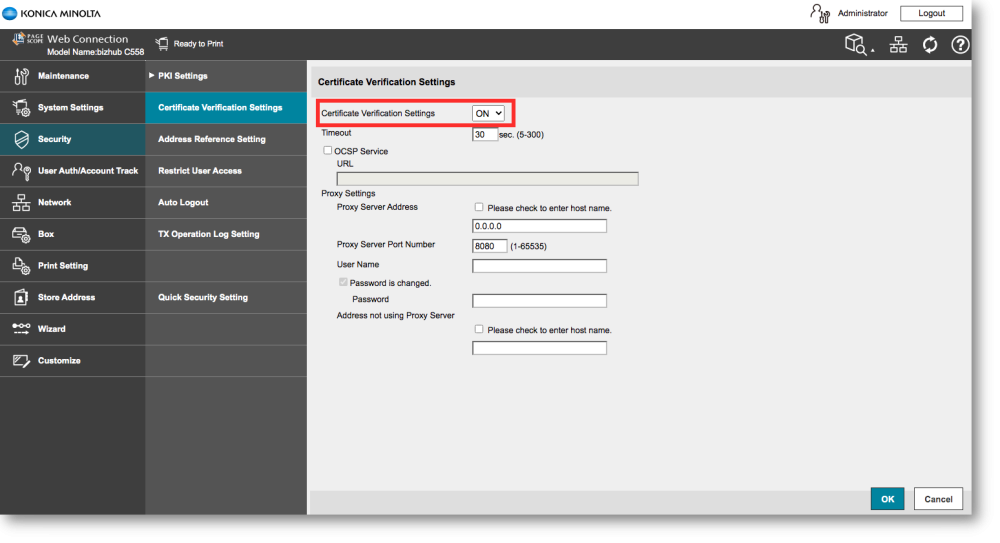 ineo MFP certificate verification