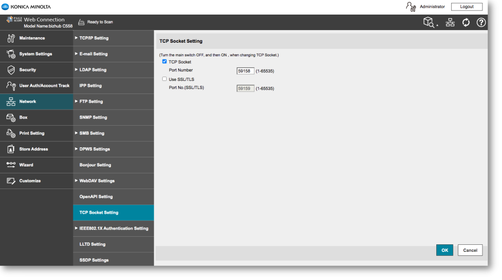 ineo MFP TCP socket settings