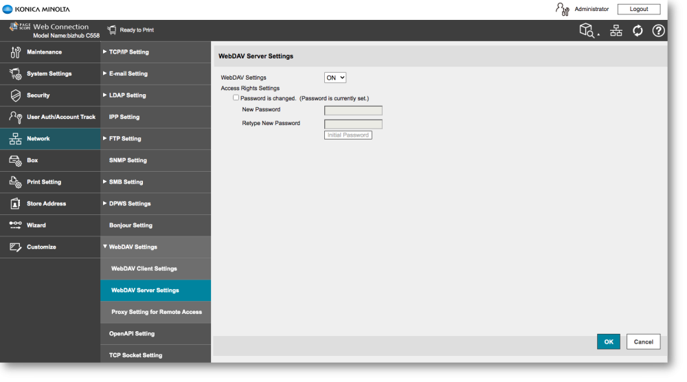 ineo MFP WebDAV server settings
