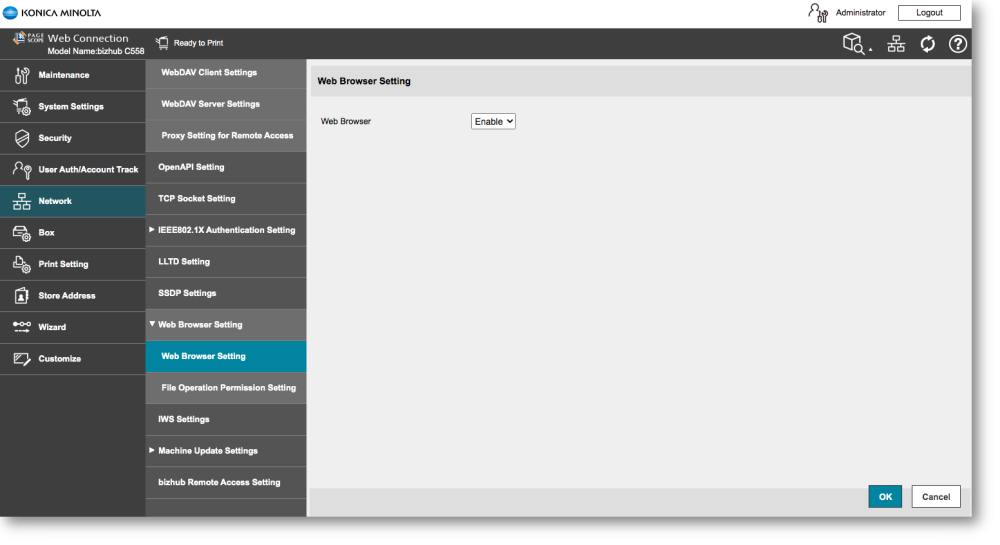 ineo MFP web browser settings