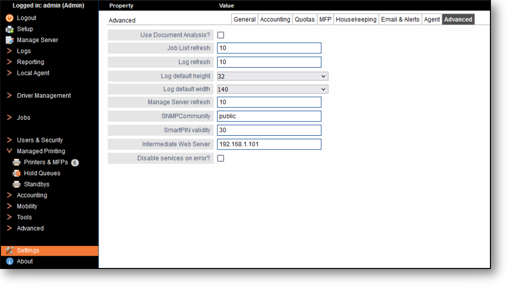 Konica Minolta Admin UI — Intermediate Web Server setting