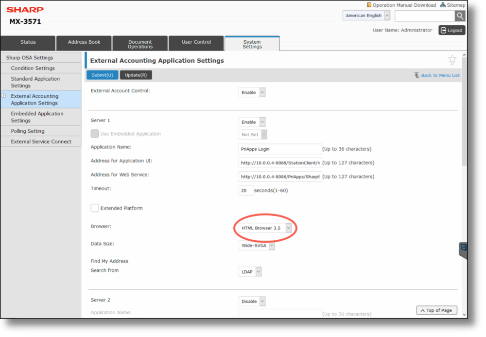 Sharp OSA 5.5 — Authentication Server Settings set to Sharp OSA