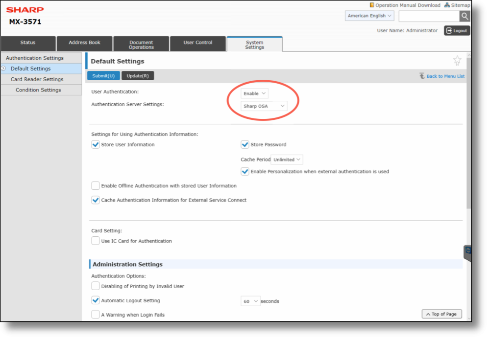 Sharp OSA 5.5 — IC card authentication setting