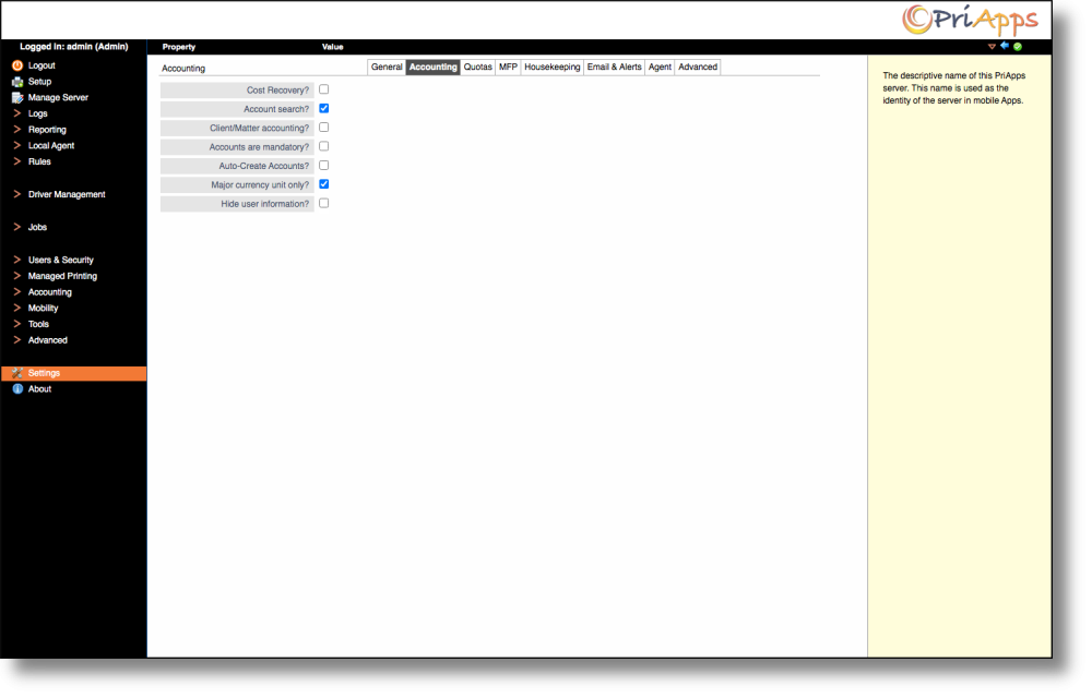 Admin UI — Accounting settings