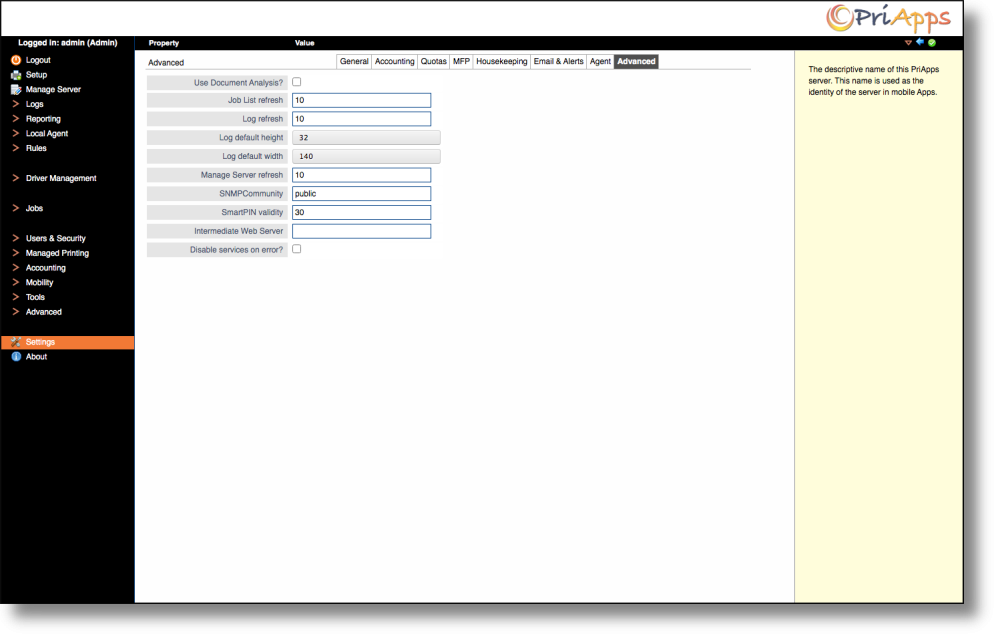 Admin UI — Advanced settings