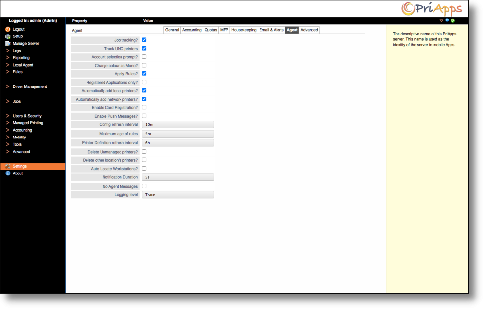 Admin UI — Agent settings