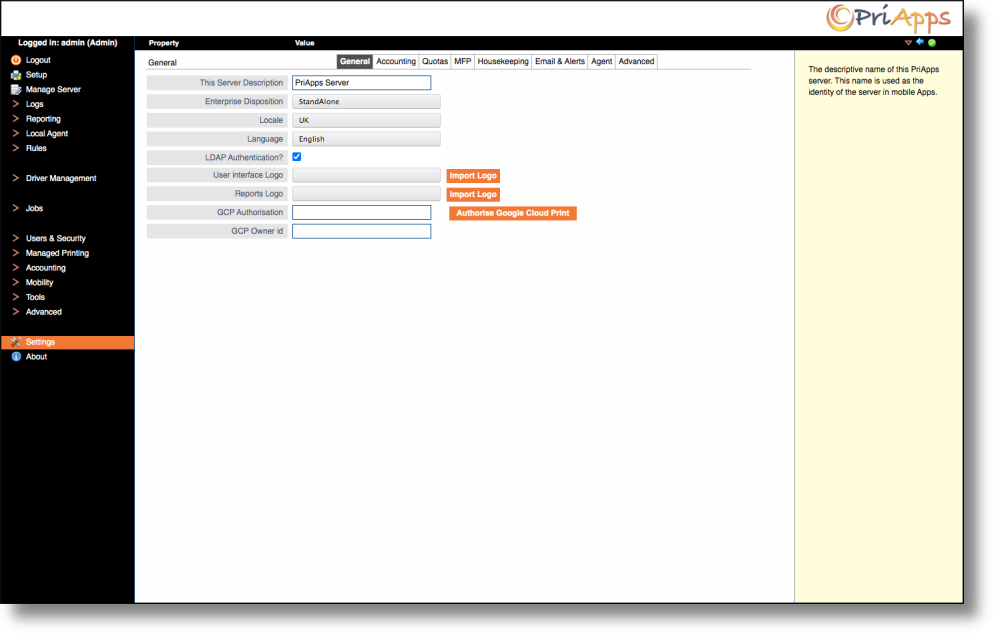 Admin UI — General settings