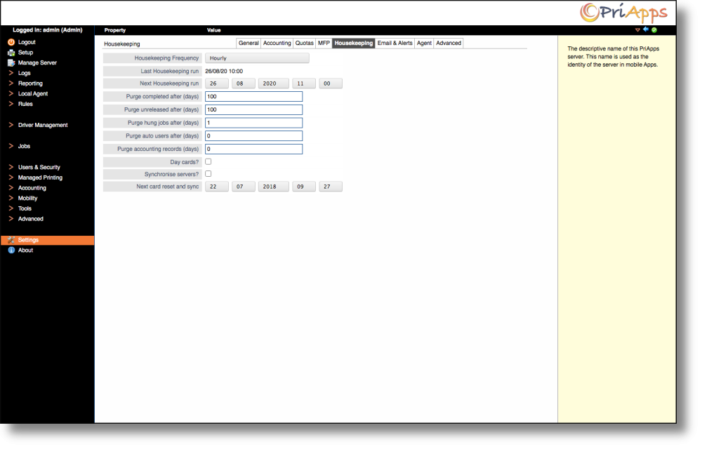 Admin UI — Housekeeping settings