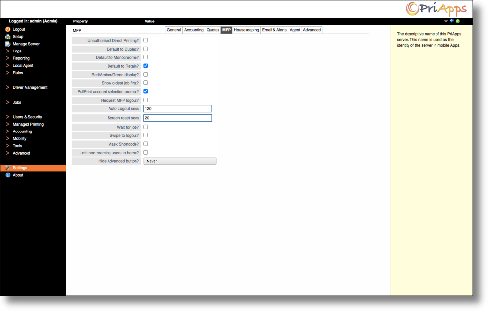 Admin UI — MFP settings