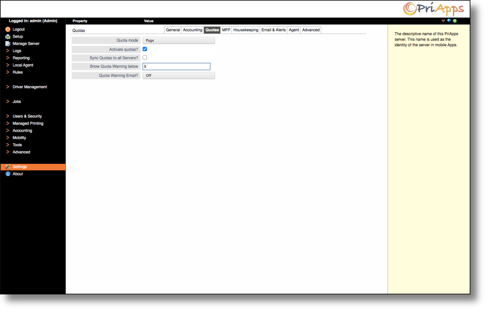 Admin UI — Quota settings