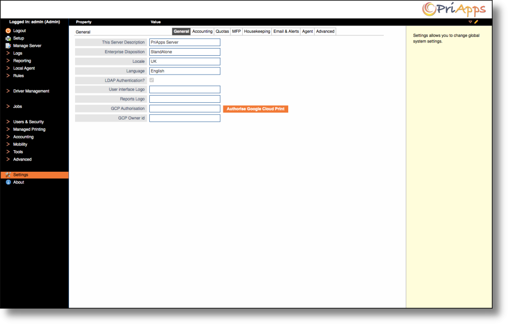 Admin UI — Server settings overview