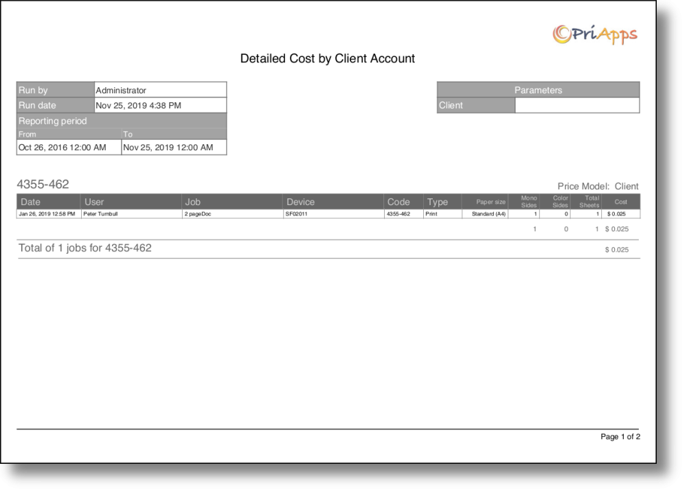 Detailed cost by client account
