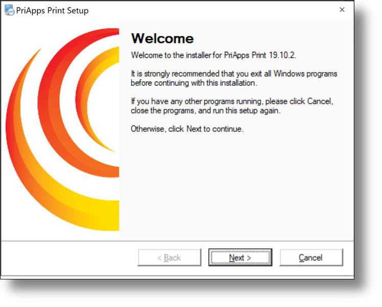 PriApps installation wizard — welcome screen