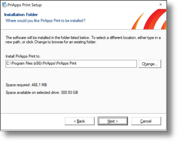 PriApps installation wizard — installation folder