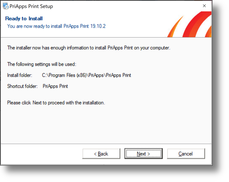 PriApps installation wizard — ready to install