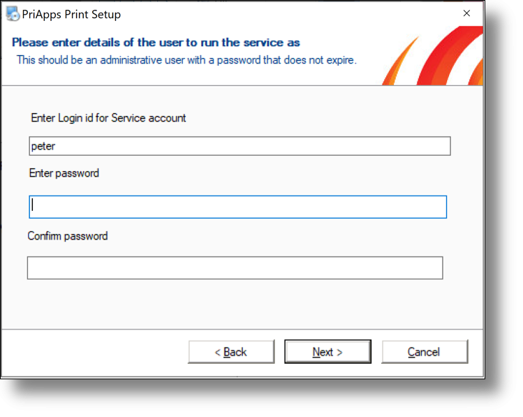 PriApps installation wizard — service account configuration