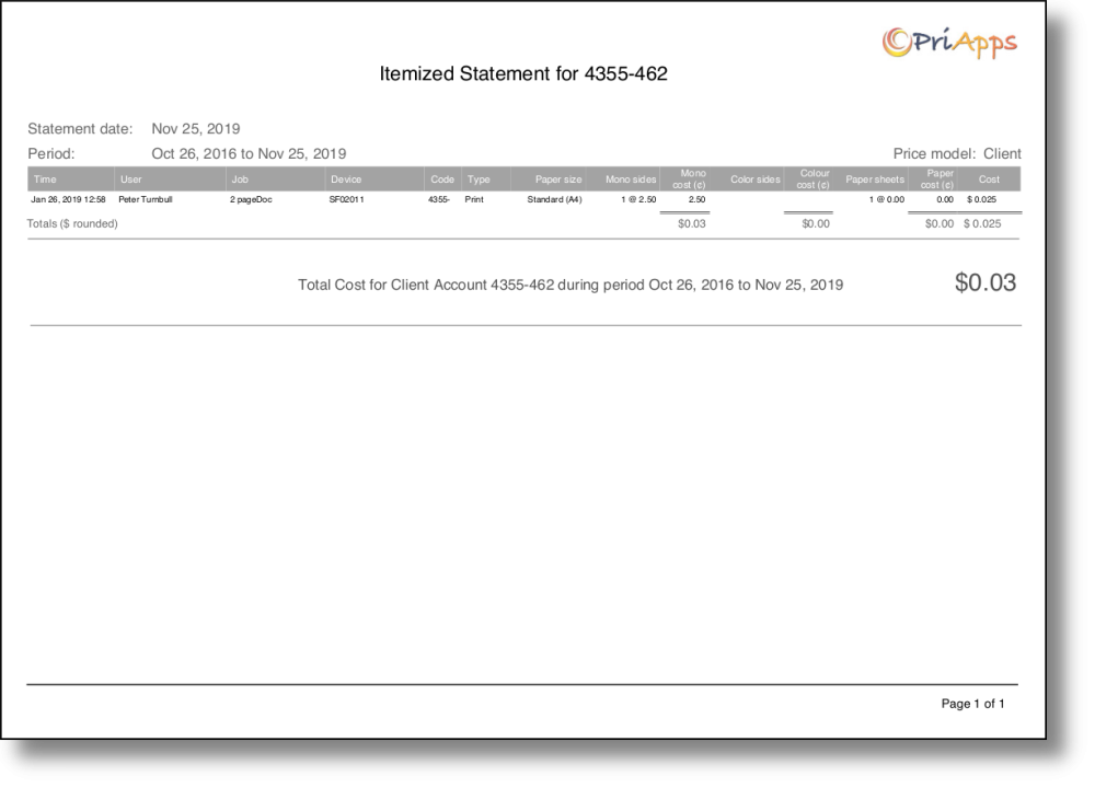Itemized statement by client account
