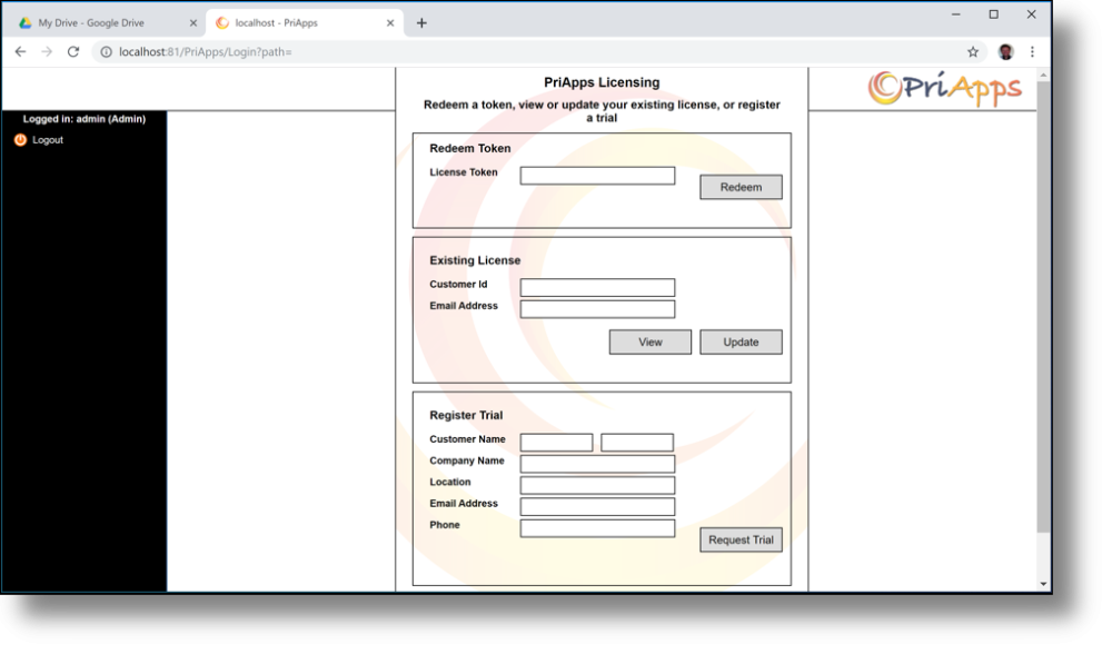 PriApps licensing dialog