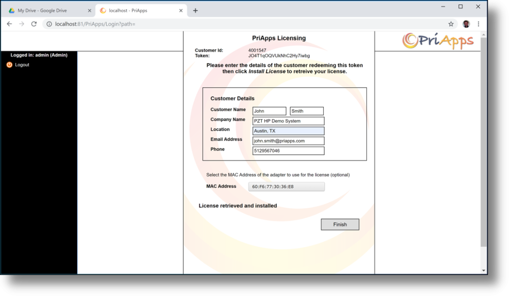 Licensing dialog — license installed confirmation