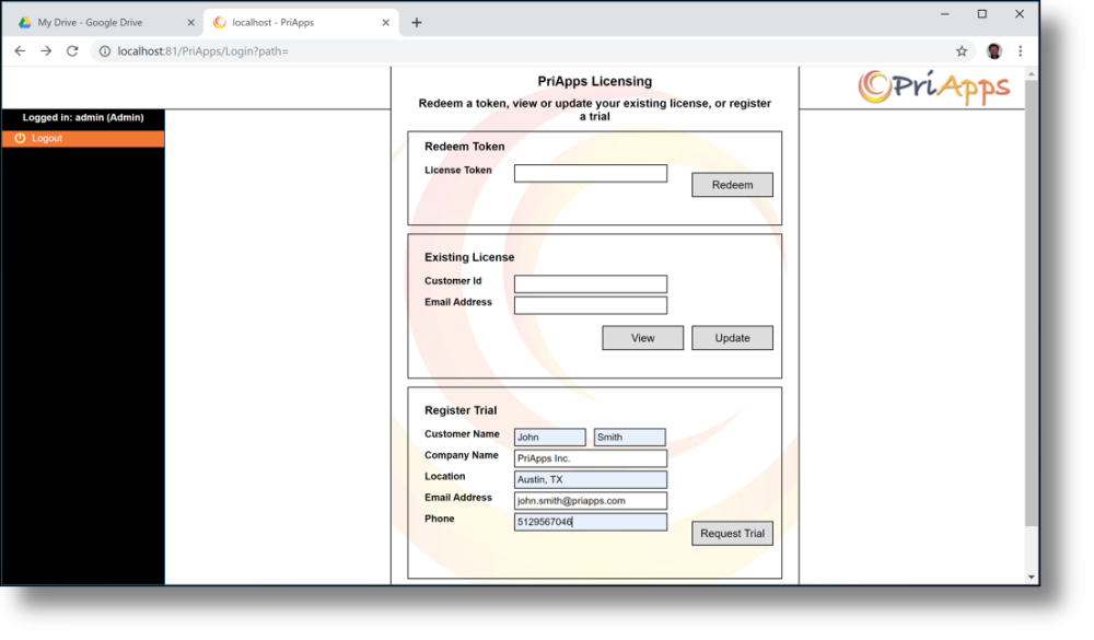 PriApps license details view
