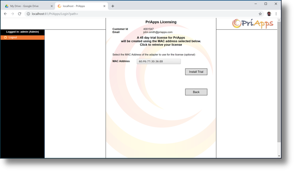Licensing dialog — activate trial