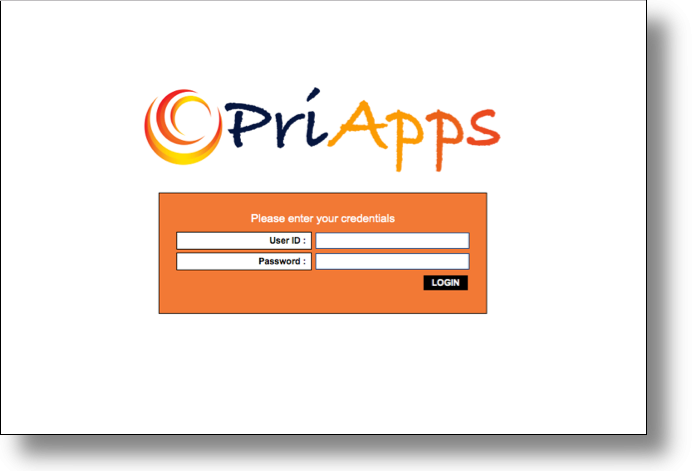 PriApps Admin UI — first login screen