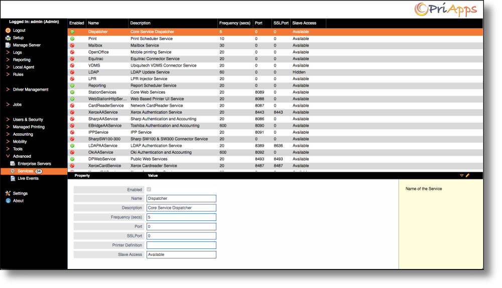 PriApps services UI — settings view