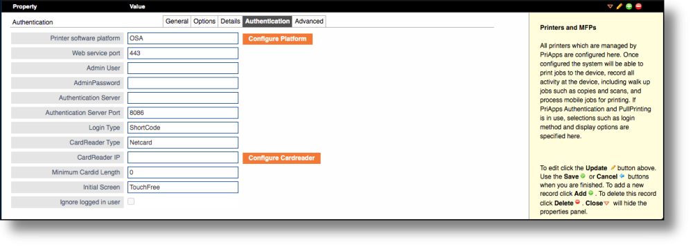 Printers & MFPs — Authentication tab