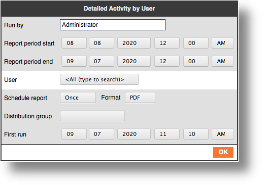 Reporting — report configuration dialog