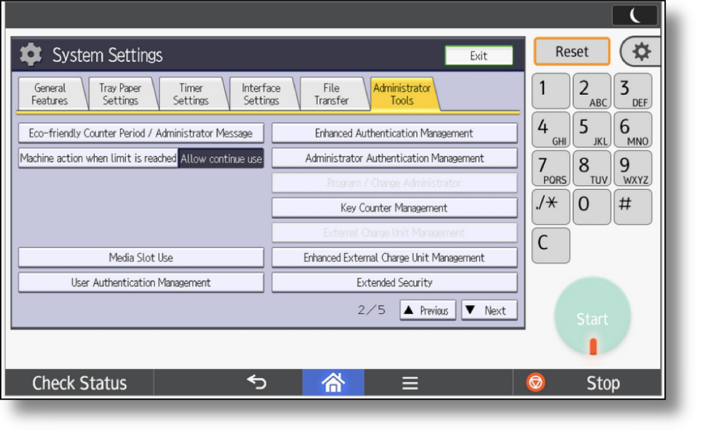 Ricoh Administrator Tools tab