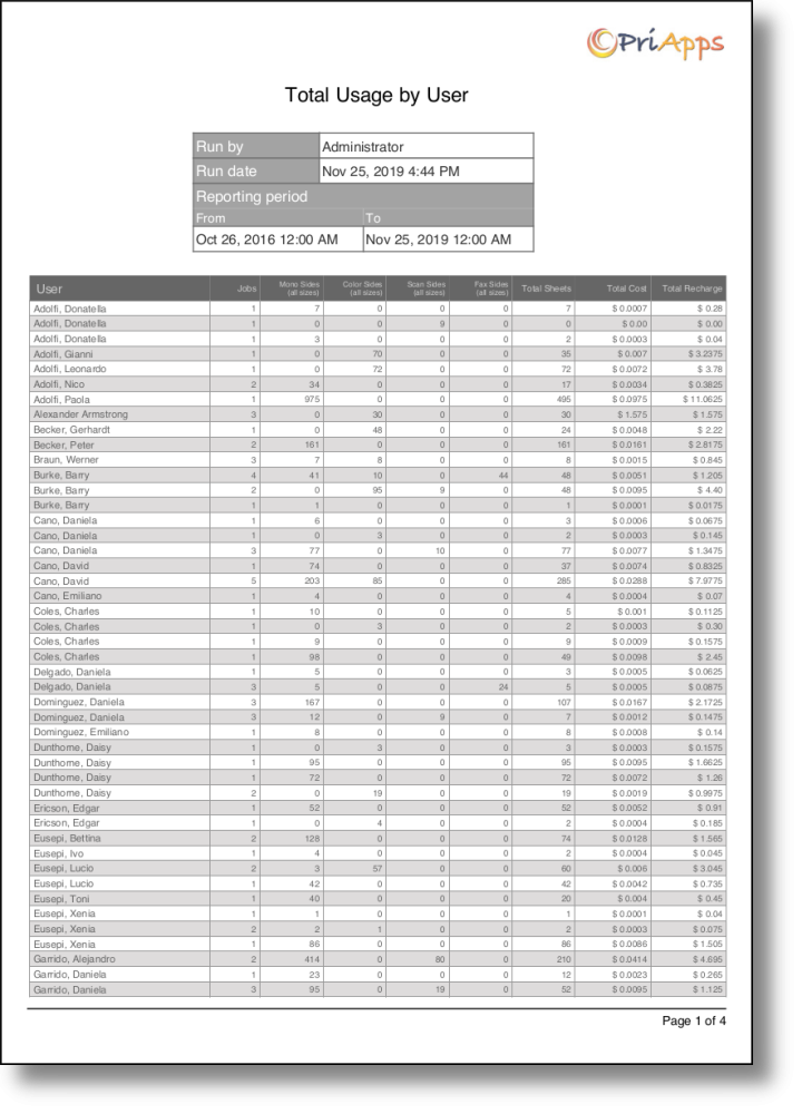 Total usage by user