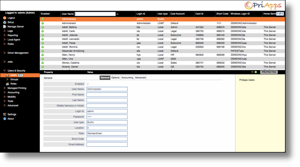 Searching entries in PriApps Admin UI