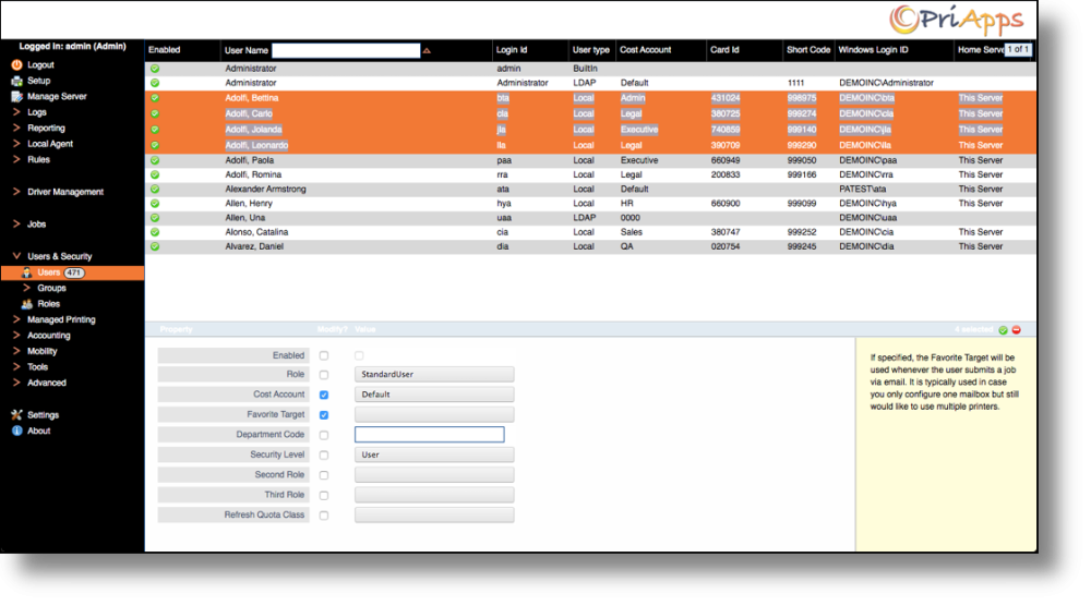 Changing user properties in PriApps Admin UI