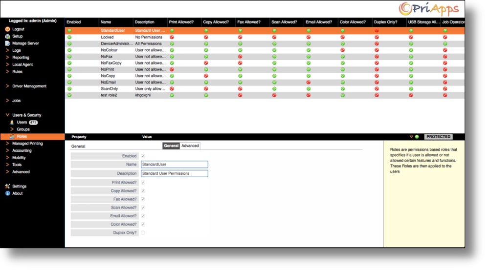 Roles and permissions in PriApps Admin UI